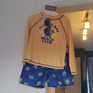 NWT Berkley Jenson Kids' Yellow/Blue Turtle Swim Shorts, Top, Sunglasses Set 4T